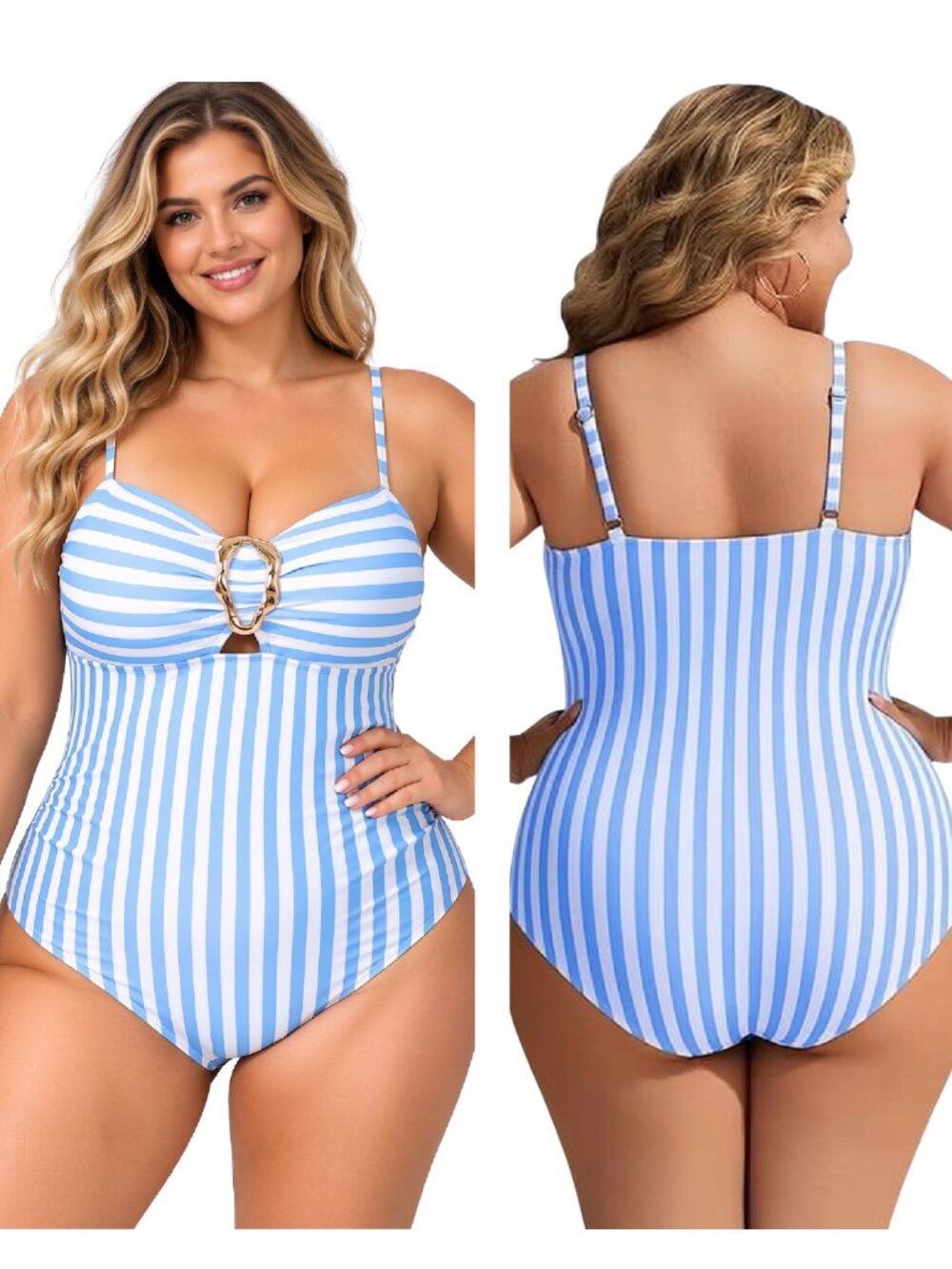 XL Sky Blue Stripe Cutout Tummy Control One Piece Swimsuit NWOT